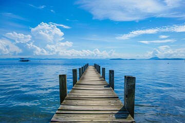 A wooden dock extending out into a calm lake on a sunny day with white clouds in the blue sky

 - Powered by Adobe