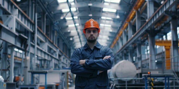 Portrait of a male worker in a hard hat standing in a factory