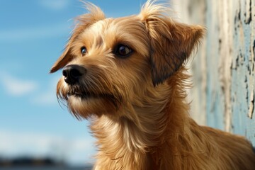 A cute brown dog looking away from the camera with a blue background