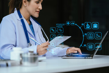 Medicine doctor hand working with modern digital tablet computer interface as medical network concept.