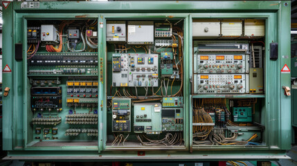 Detailed view of an open electrical control panel in an industrial setting, showcasing complex wiring and circuits.