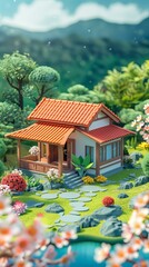 Obraz premium A small house in a beautiful Japanese garden