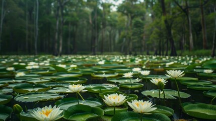 White Water Lilies in a Green Pond Surrounded by Trees