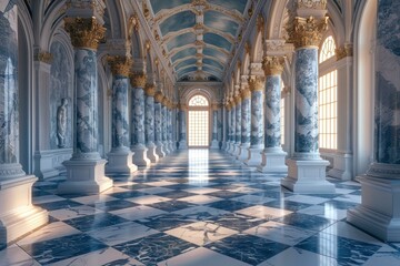Obraz premium ornate hallway with marble columns and checkered floor