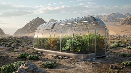 glass greenhouse in the middle of the desert