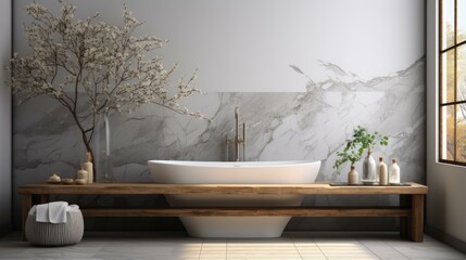 Bathroom interior with bathtub, plants, and wooden elements