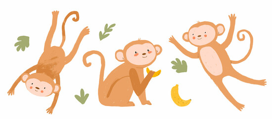 Cute kid's set with hand drawn monkey. Children's clip art. Stock baby illustration. Isolated animal set. © zenina