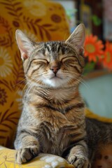 Obraz premium A cute tabby cat is sitting on a chair and closing its eyes