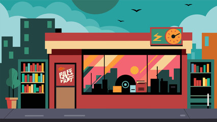 An image of a grungy record store with colorful graffiti on the walls and posters of upcoming releases in the windows. Vector illustration