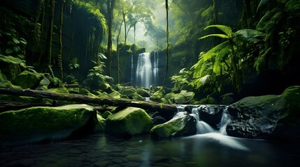Panoramic image of a waterfall in the rainforest of Costa Rica