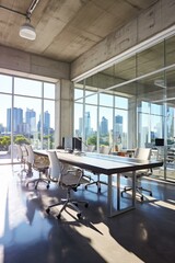 Fototapeta premium Modern office interior with large windows and city view