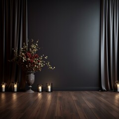 Dark room with vase of flowers and candles