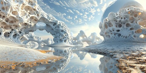 Surreal landscape with strange rock formations resembling organic structures