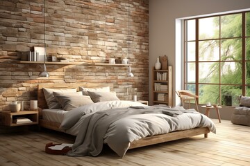 cozy bedroom interior design with brick wall and large windows