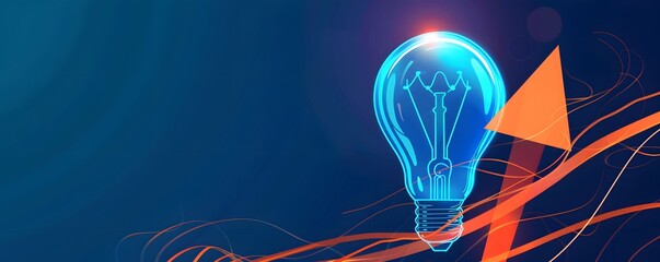 Business creativity and inspiration banner with lightbulb and orange arrow on dark blue background. Startup presentation. Progress idea symbol