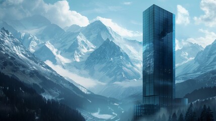 Majestic Skyscraper Amidst Towering Mountains - Modern Architecture meets Nature's Grandeur