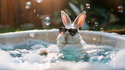 Chill Bunny: Adorable Rabbit in Sunglasses Soaking in Hot Tub Fun