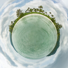 360 panorama little planet in ocean tropical island with palm trees on sandy beach.
