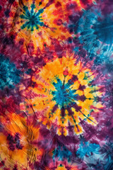 The textured surface of tie-dye fabric, showcasing vibrant colors and psychedelic patterns. Tie-dye fabric textures offer a bohemian and free-spirited backdrop.