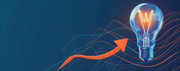 Business creativity and inspiration banner with lightbulb and orange arrow on blue background. Startup. Strategy. Progress idea symbol