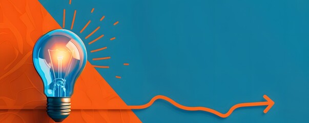 Business creativity and inspiration banner with lightbulb and orange arrow on blue orange background. Startup. Progress idea symbol
