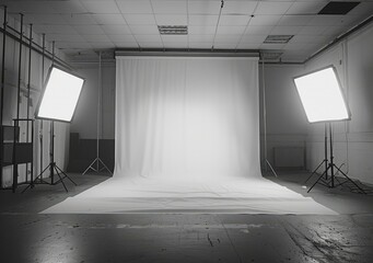Black and white photo of a photo studio with two lights and a white backdrop
