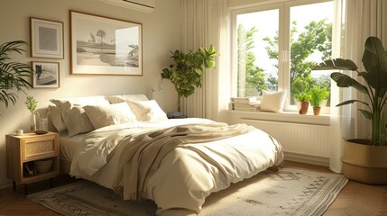 A bright and airy bedroom with a large window and a comfortable bed