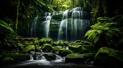 Panorama of a beautiful waterfall in the rainforest with green leaves
