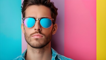 Fashionable male model wearing sunglasses against colorful pop art background. Concept Fashion...