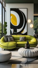 Modern living room interior design with green sofa and abstract painting