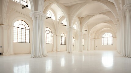 Fototapeta premium Large empty room with white columns and arched windows