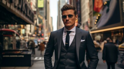 A man in a suit and sunglasses is walking down a busy street