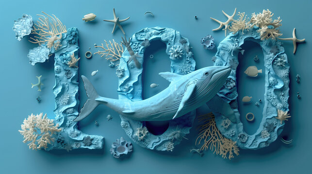 Aniversario, 100 a&ntilde;os, un siglo, ballena o delf&iacute;n conmemorativo toda la imagen en tonos azules celestes, detalles marinos, acuarios, mundo submarino, logros, metas, hitos