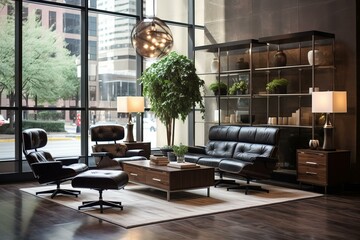 Modern office lobby with leather furniture and plants