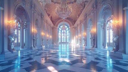 European-style palace hall with marble floor and crystal chandelier