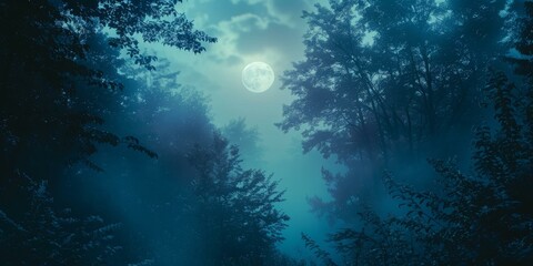 Full moon rising over a misty forest