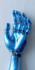 Mano artificial robótica, azul y gris, mecanismo para implante, sustitución o reemplazo de una extremidad. Ayuda especializada fondo azul gris claro, sentido vertical visto de frente - obrazy, fototapety, plakaty