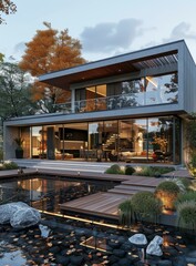 Fototapeta premium Modern House Exterior With Pool And Garden