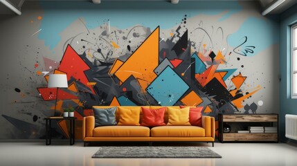 vibrant geometric graffiti living room interior design