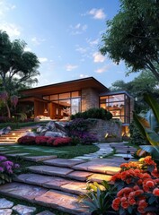 Fototapeta premium Modern Asian style house with beautiful garden