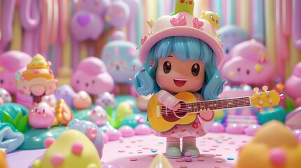 Obraz premium Kawaii Anime Girl Playing Guitar in Candy Land