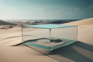 A glass box resting on a sandy beach under the bright sun, creating a striking contrast between manmade structure and natural surroundings