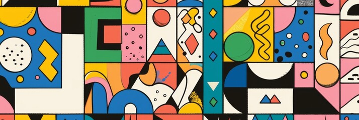 Obraz premium A front cover for a colouring book for toddlers called Shape and Pattern Playground, full of different shapes with various patterns within the shapes