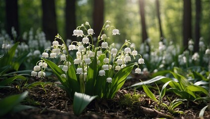 Fototapeta premium In the springtime forest the delicate white flowers of the Lily of the Valley Convallaria majalis bloom