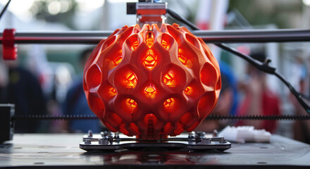 A red ball sits on top of a 3D printer, ready for printing. The printer is in operation, creating new objects layer by layer