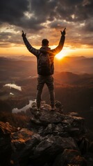 Man on top of a mountain raising his hands in victory