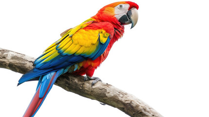 A vibrant parrot with colorful feathers is sitting on a tree branch, showcasing its striking plumage