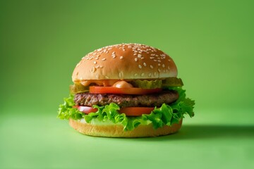 vegan burger on green background closeup with copy space