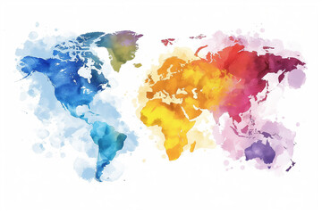 Colorful watercolor world map on white background.