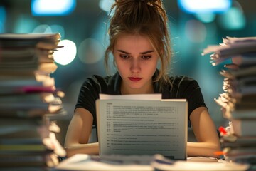 Young woman reading a document while sitting at her desk surrounded by paperwork.